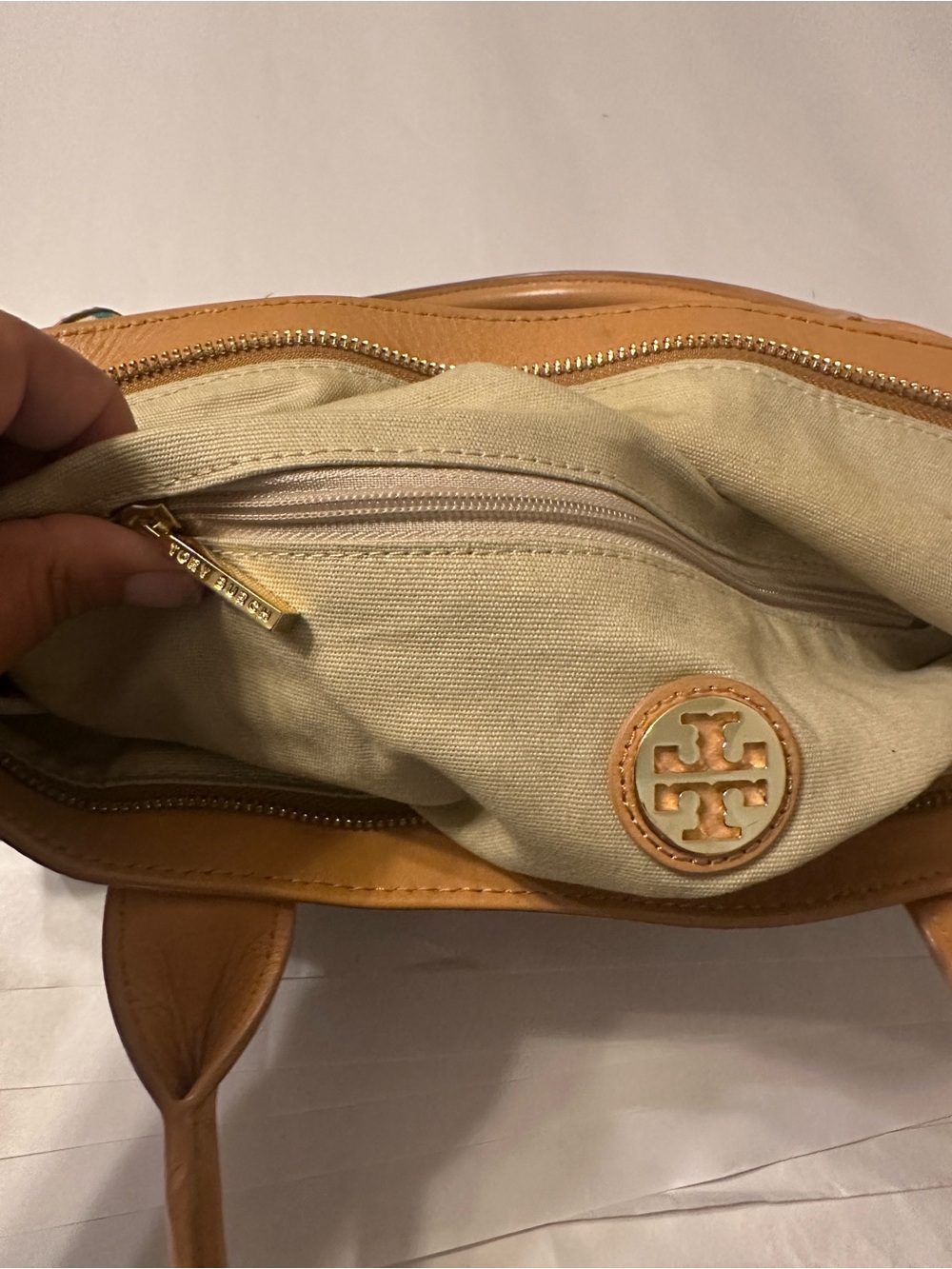 Tory Burch Teal and Cream Striped Canvas Small Sophia Tote with Tan Leather Trim - Picture 9 of 16